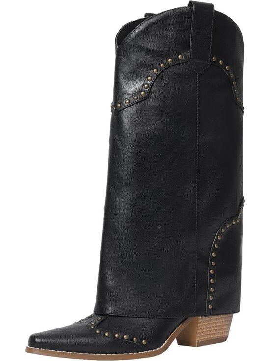 Shoes - Women's Black Shark Boots Knee High Cowboy Cowgirl Fold Over Chunky Heel